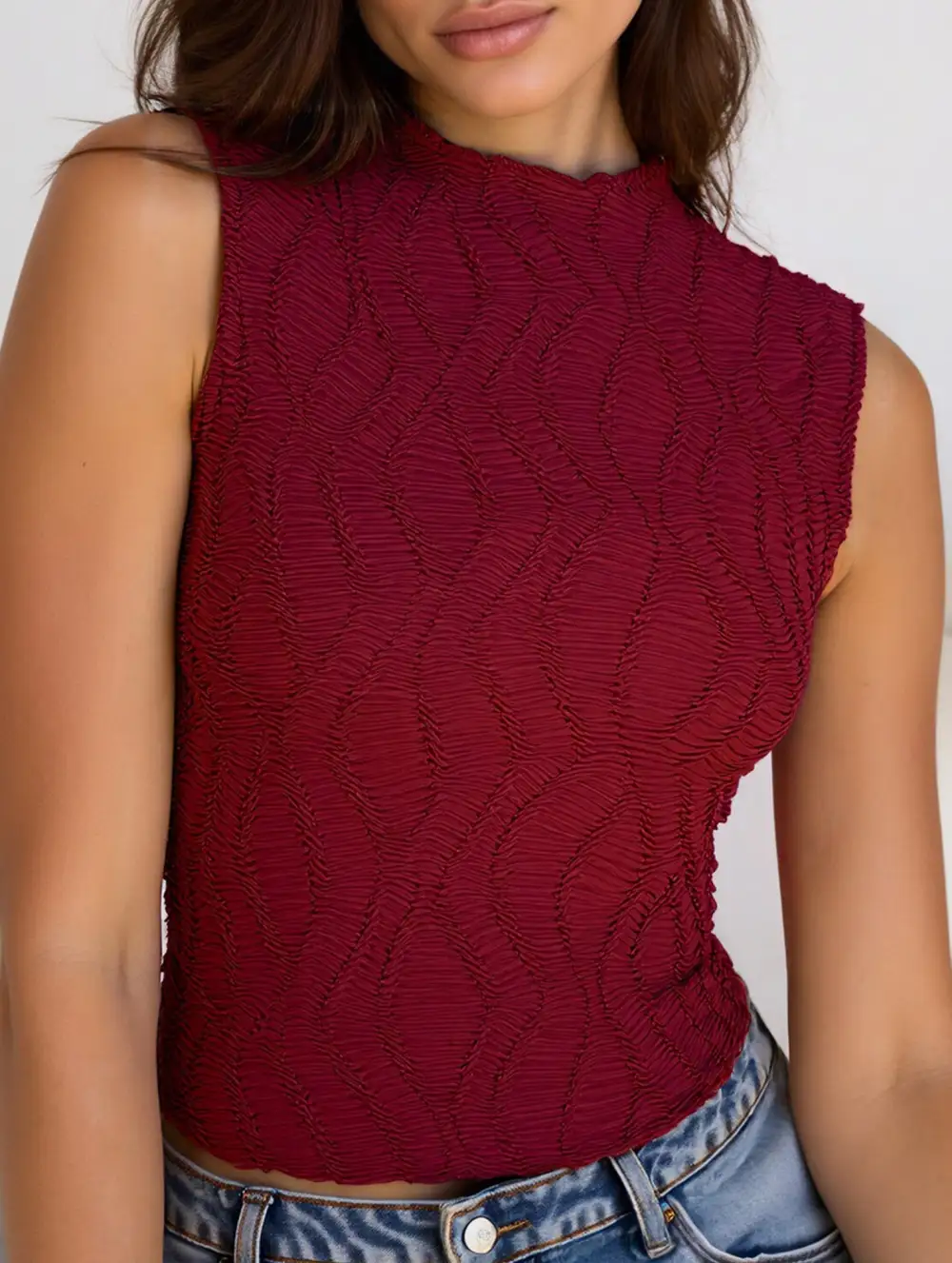 Mock Neck Textured Sleeveless Top