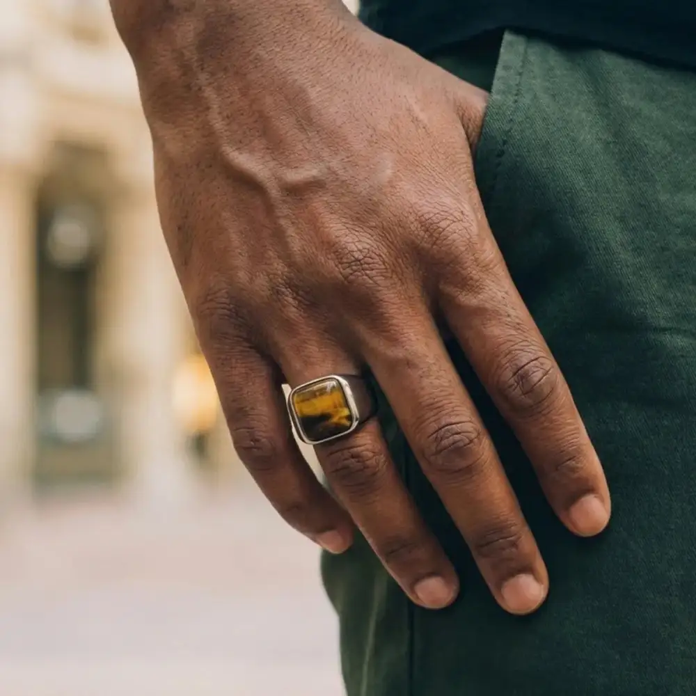 Men's Stainless Steel Square Tiger Eye Signet Ring