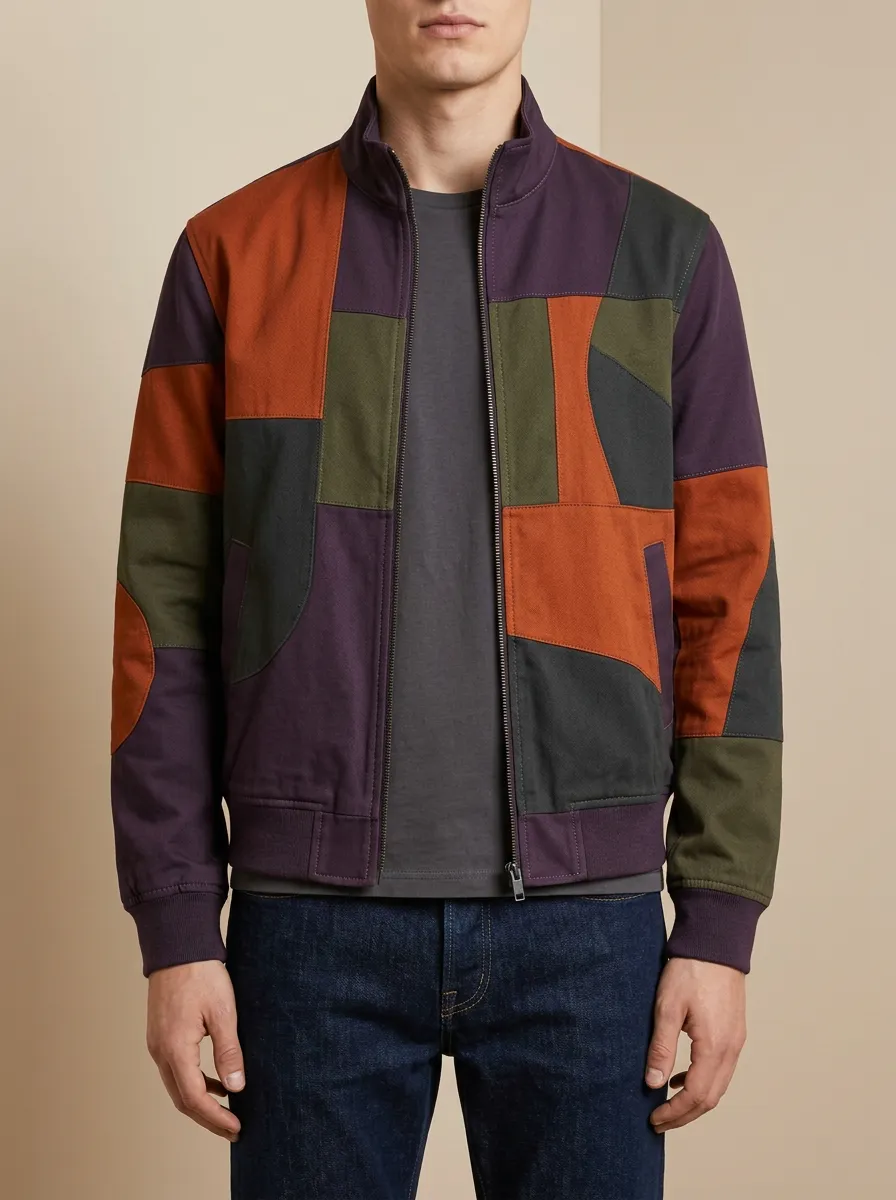 Patchwork Print Cuffed Sleeves Bomber Jacket