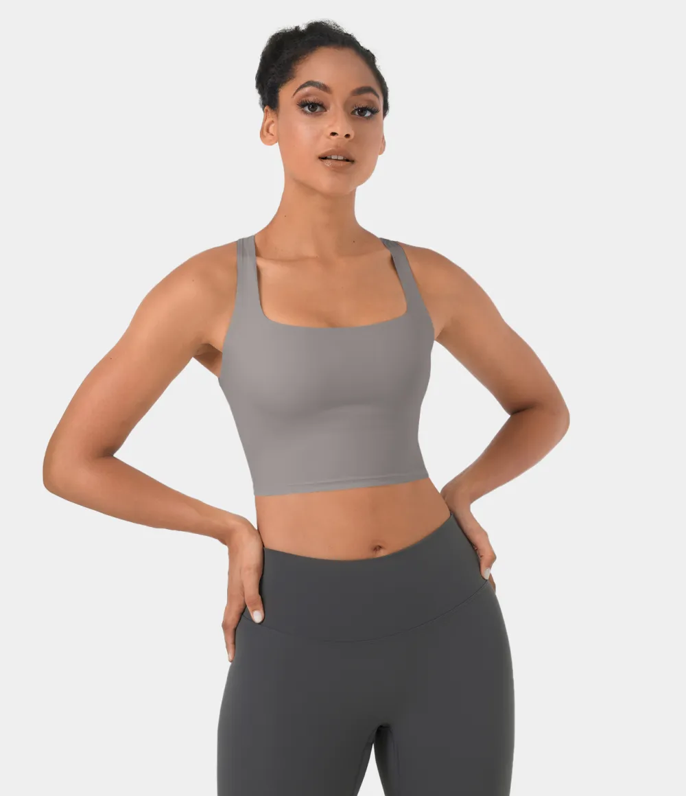 Softlyzero Airy Square Neck Backless Crisscross Cropped Cool Touch Yoga Tank Top-UPF50+