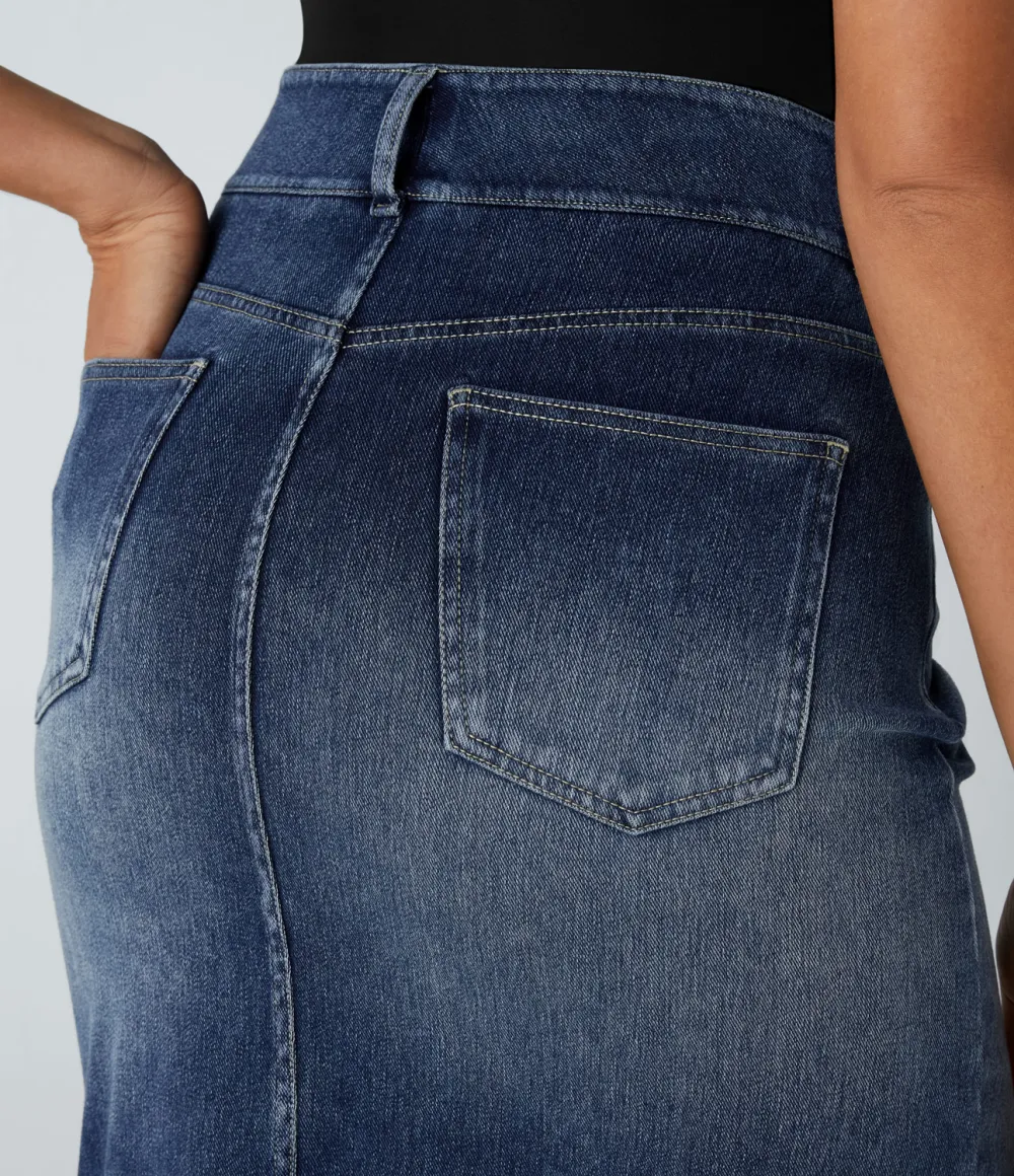 Magic High Waisted Multiple Pockets Bodycon Split Washed Stretchy Knit Denim Casual Midi Skirt