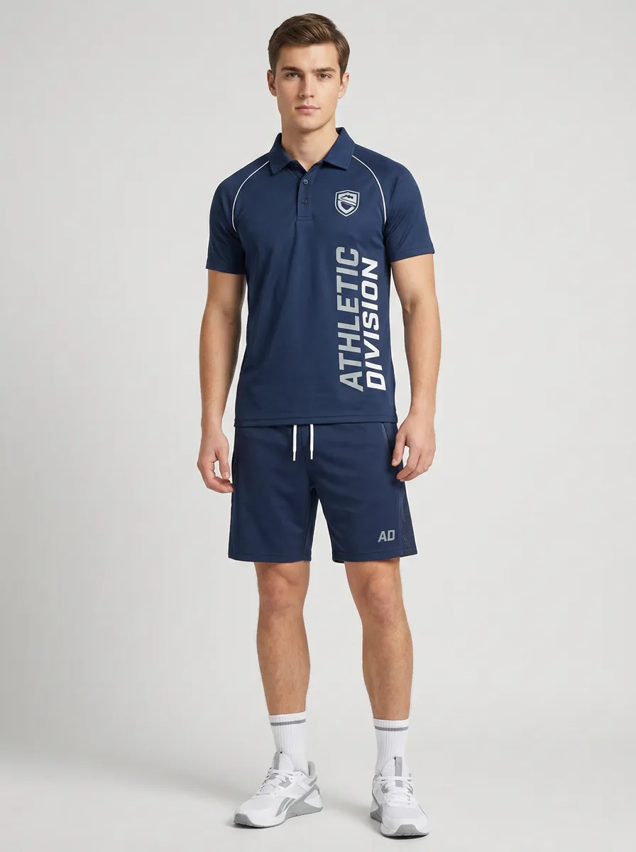Men's Athletic Division Logo Printed Polo Shirt and Shorts Set