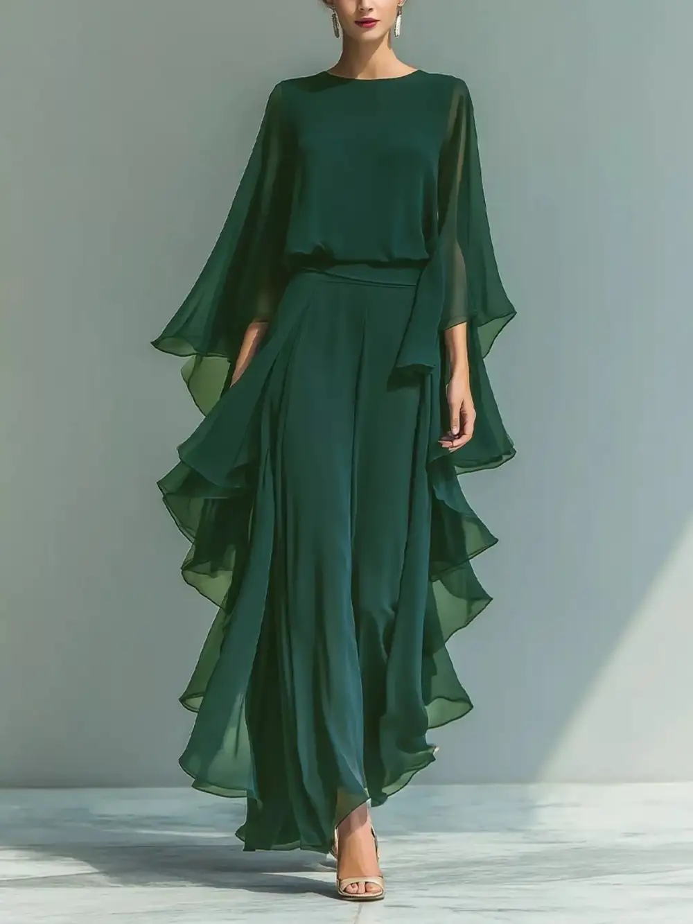 Ruffled Chiffon Long Sleeve Top and Pants Set