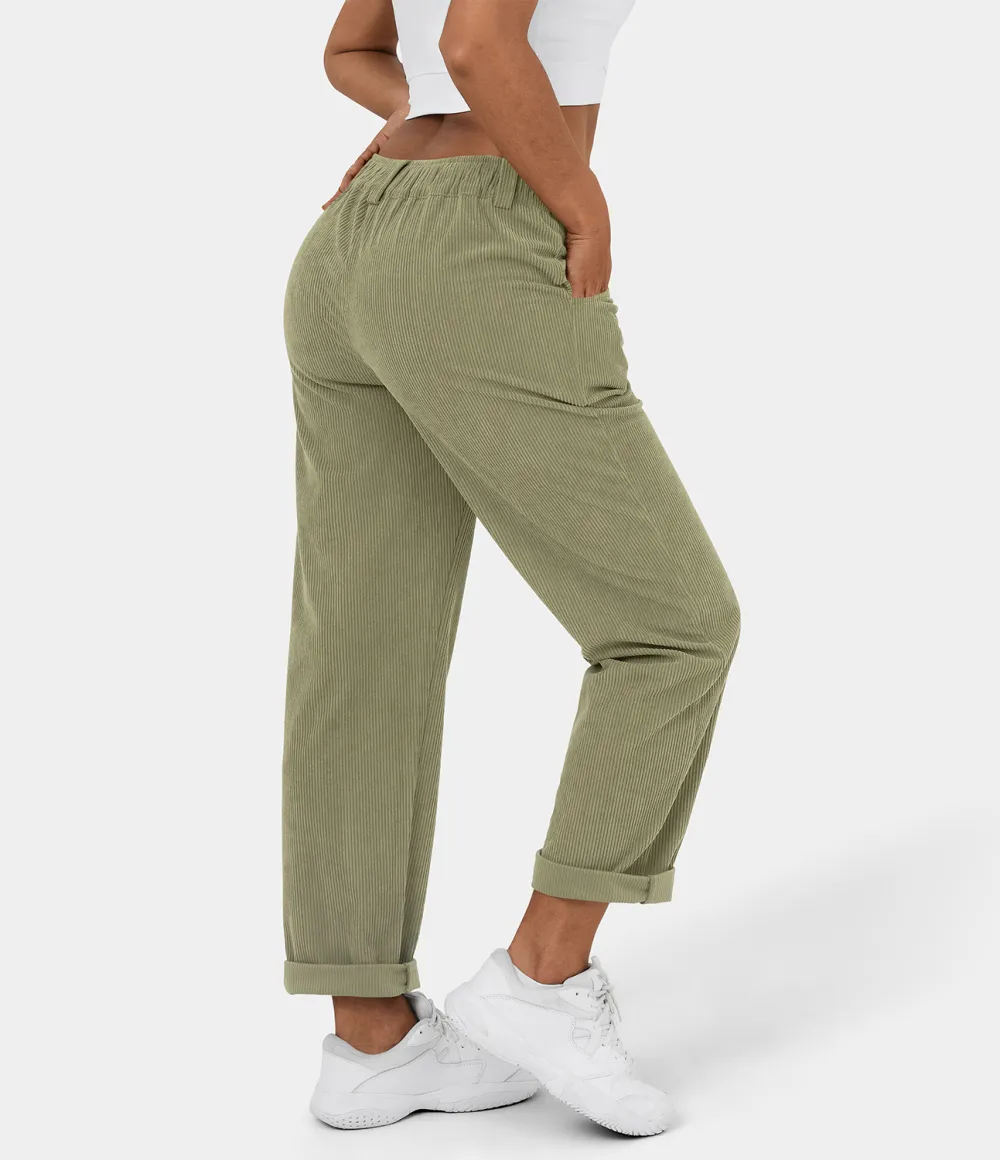 Mid Rise Button Zipper Side Pocket Corduroy Casual Pants