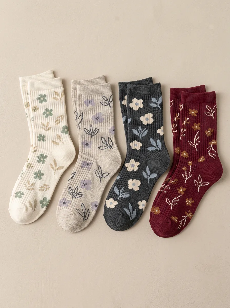 Women's Floral Ribbed Crew Sock Set