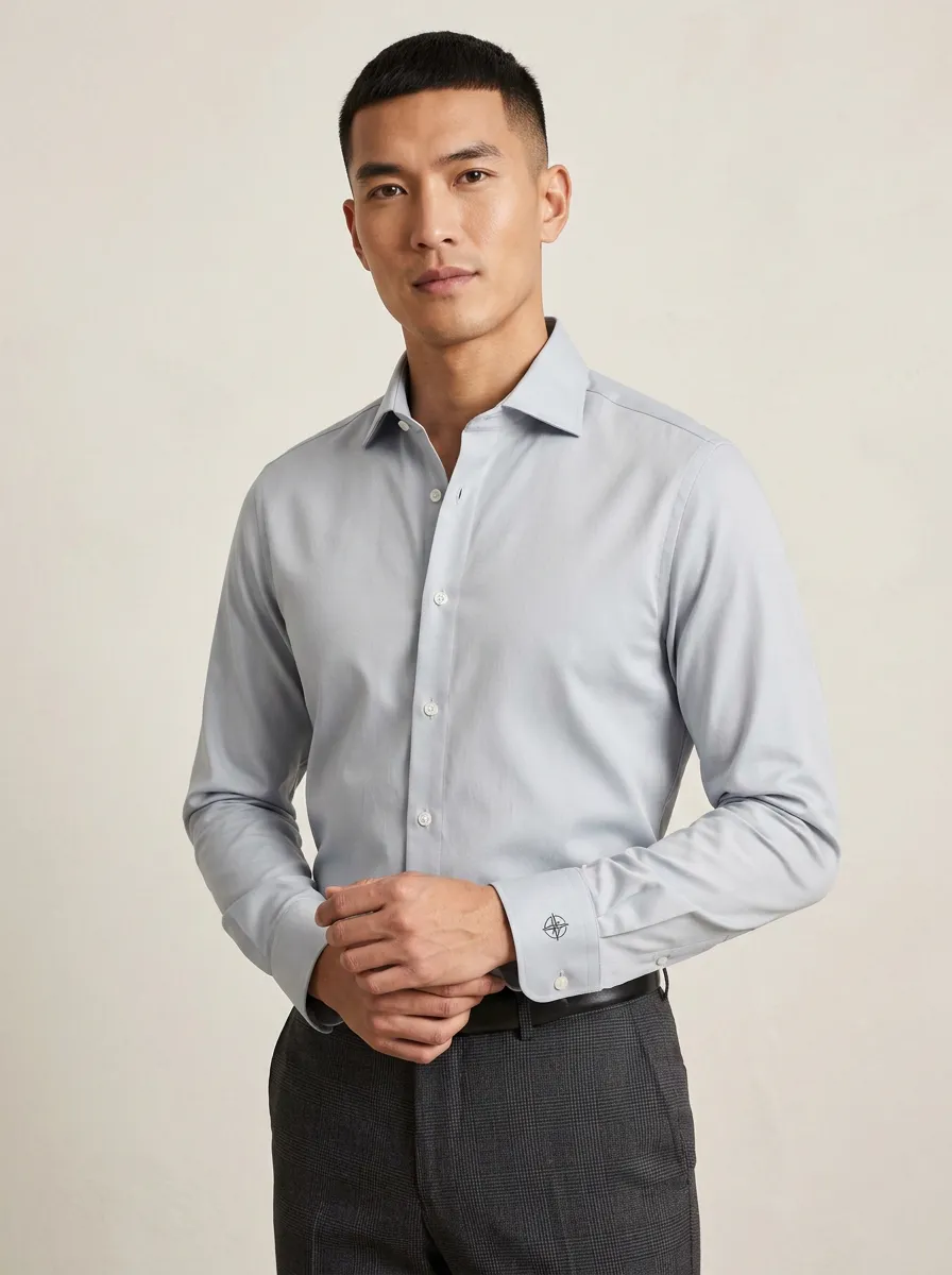 Men's Non-Iron Cotton Compass Logo Printed Dress Shirt