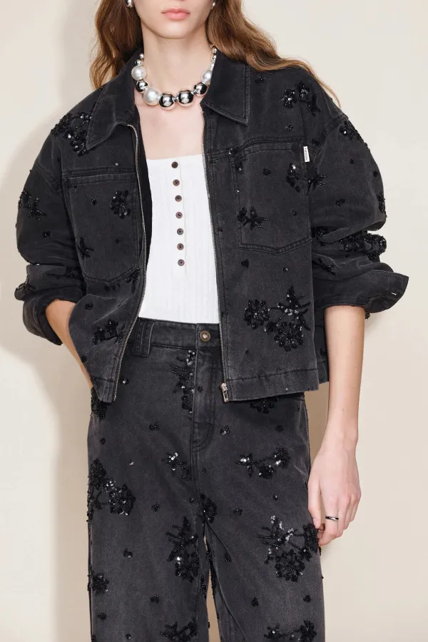 Embellished Zip Front Denim Jacket