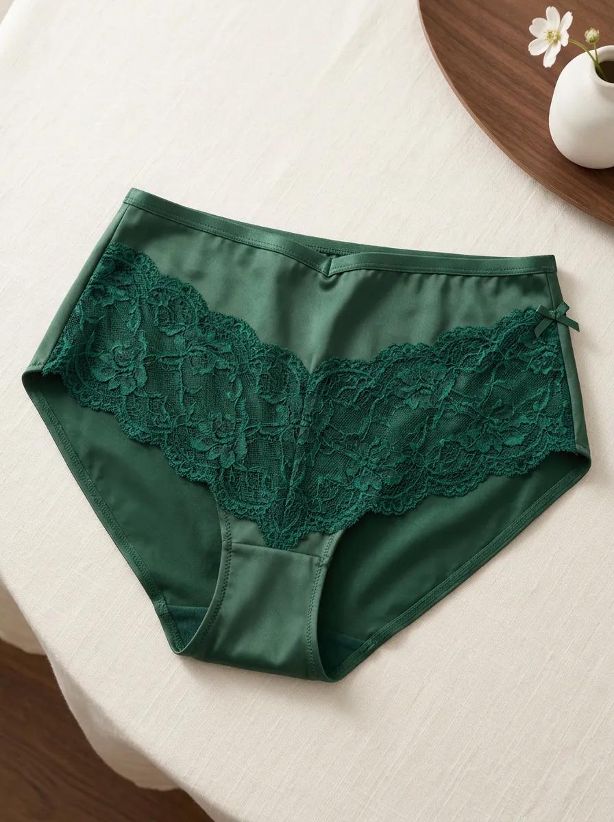 Women's Emerald Green Floral Lace Trimmed Satin Panties