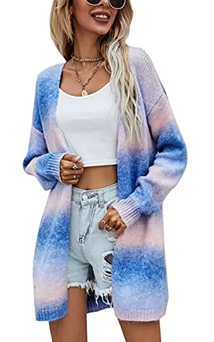 Womens Cardigan Color Block Striped Draped Kimono Cardigans Long Sleeve Open Front Casual Knit Sweaters Coat Outwear