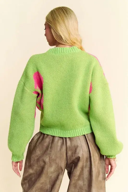 Classic Long Sleeve Ribbed Floral Detail Knit Cardigan