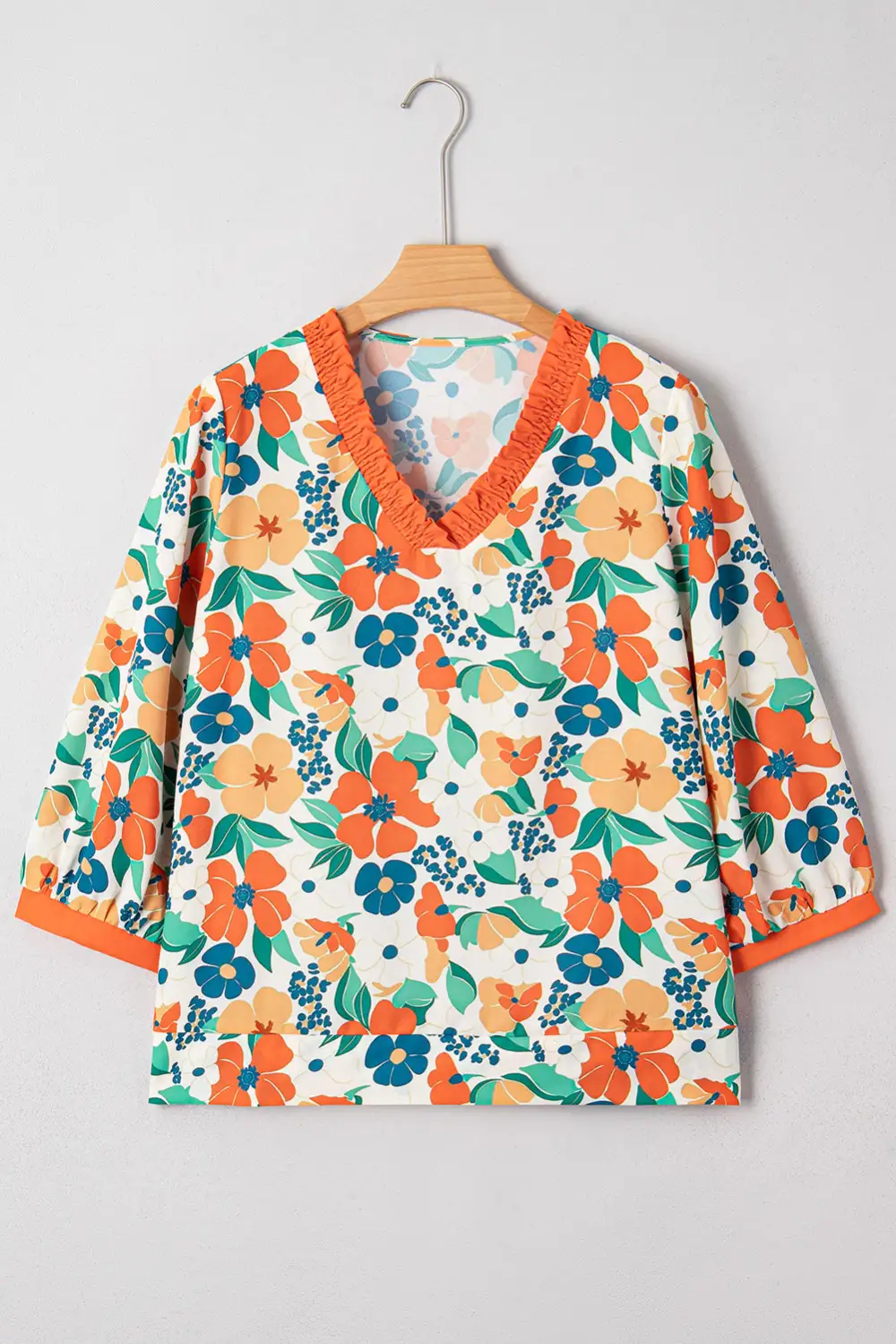 Women's Floral Print Bracelet Sleeve Frilled Top