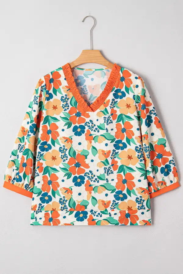 Women's Floral Print Bracelet Sleeve Frilled Top