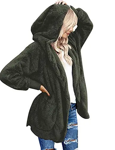 Womens Fuzzy Fleece Open Front Hooded Cardigan Jackets Sherpa Coat with Pockets