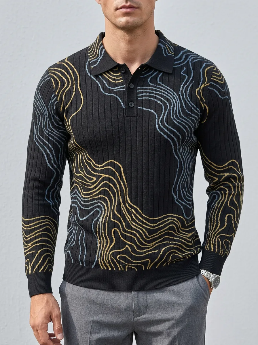 Men's Outdoor Adventure Topographic Map Printed Long Sleeve Polo Shirt Modern Pattern