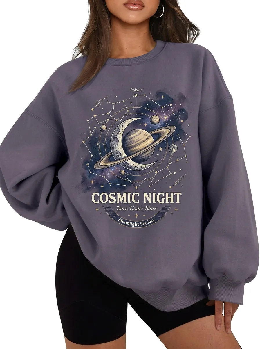 Women's Astronomy Lover Cosmic Night Planet Moon Printed T-shirt