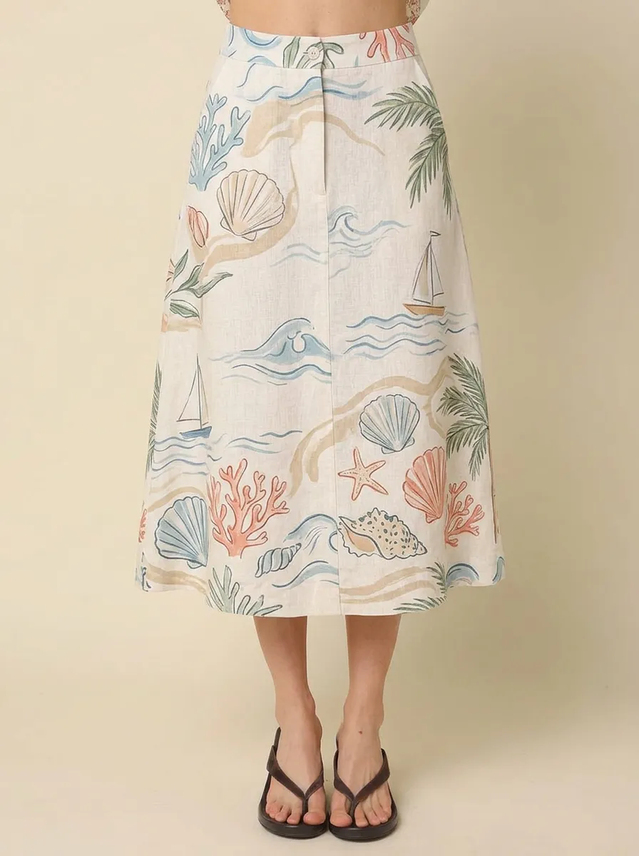 Women's Beach Lover Seashell Palm Tree Printed Midi Skirt