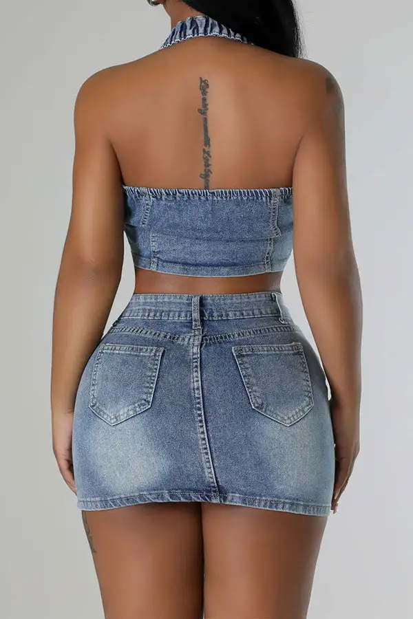 Gradient Denim Cross Applique Halter Collar Dress Set
