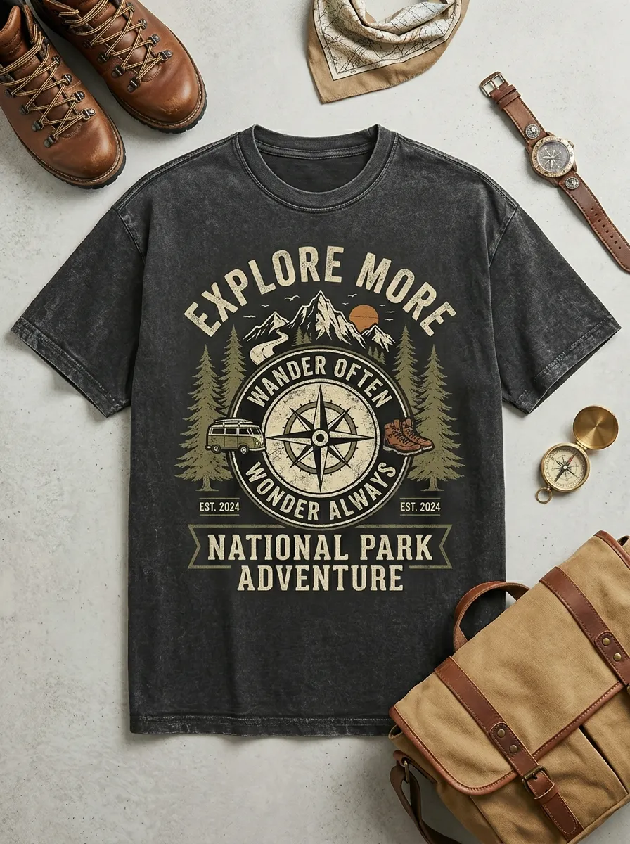 Unisex National Park Adventure Compass Mountain Printed T-shirt