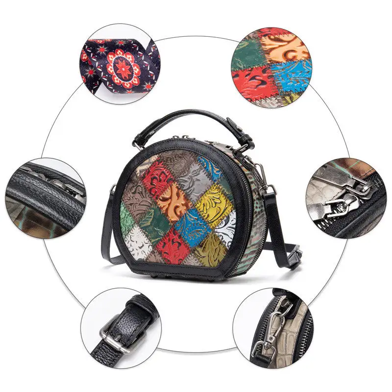 Small Cylindrical Cowhide Leather Handbag Retro Geometric