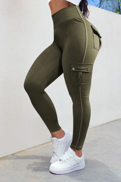 Solid Flap Pocket High Waist Leggings