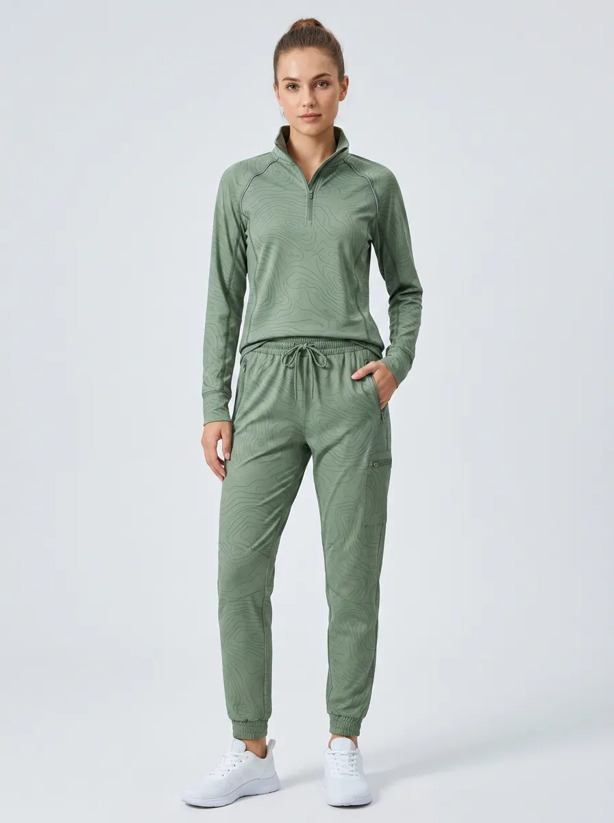 Women's Sage Green Topographic Print Quarter-Zip Set
