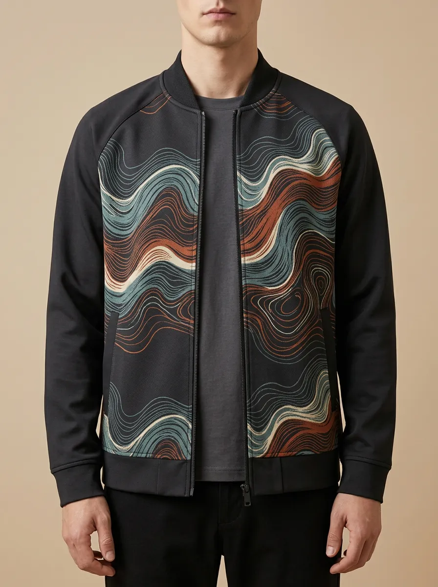 Men's Abstract Wave Pattern Printed Bomber Jacket Everyday Design