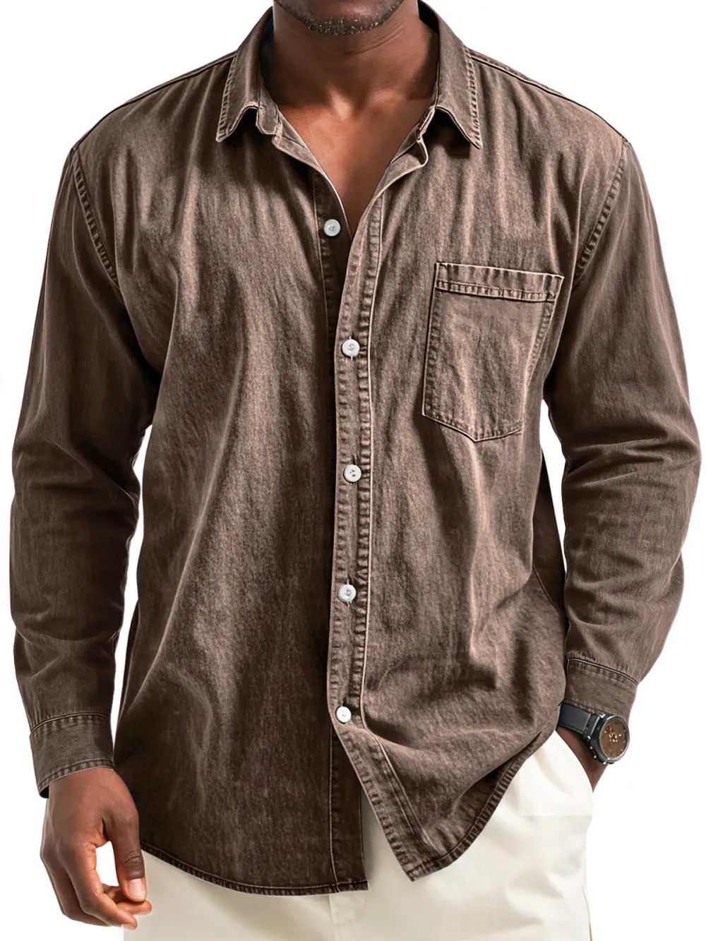 Layered Long Sleeve Camp Collar Pocket Shirt