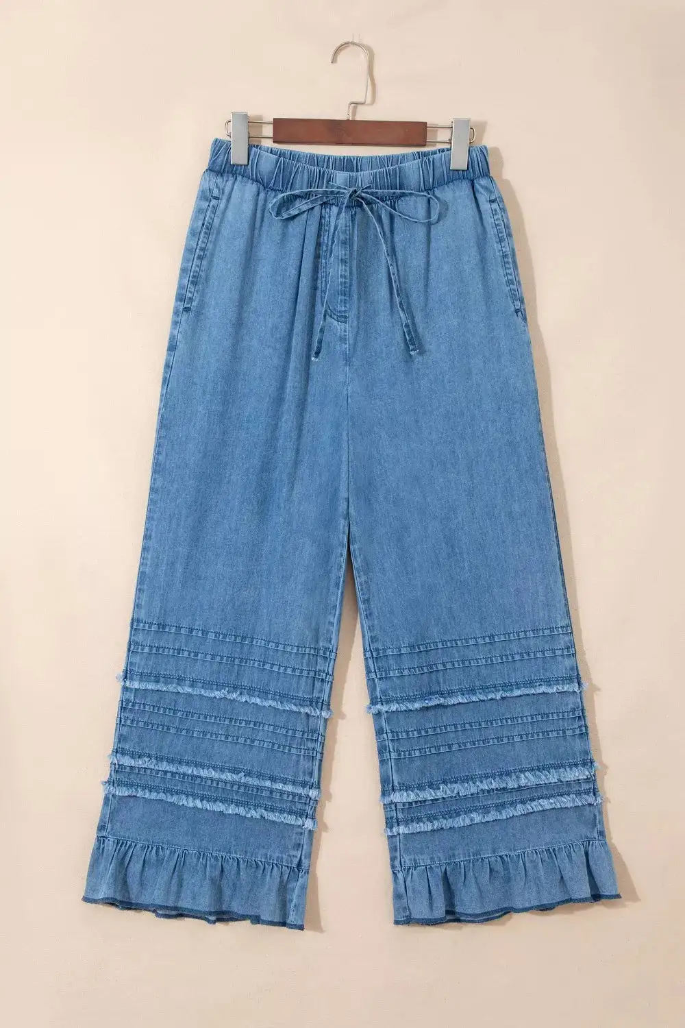 Ruffled Hem Wide Leg Chambray Pants