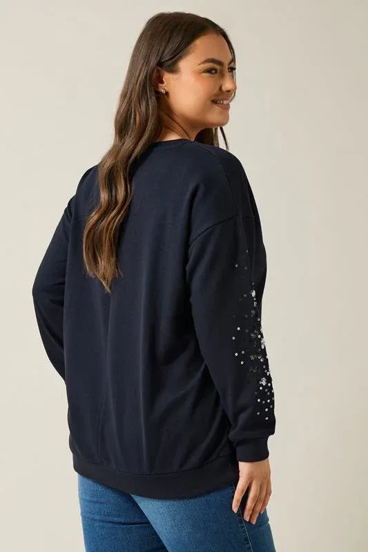 Navy Blue Leopard Sequin Embellished Sweatshirt