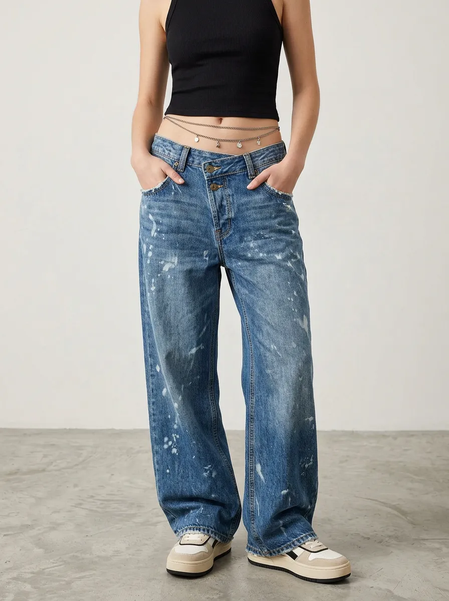 Women's Y2K Streetwear Paint Splatter Printed Wide Leg Jeans