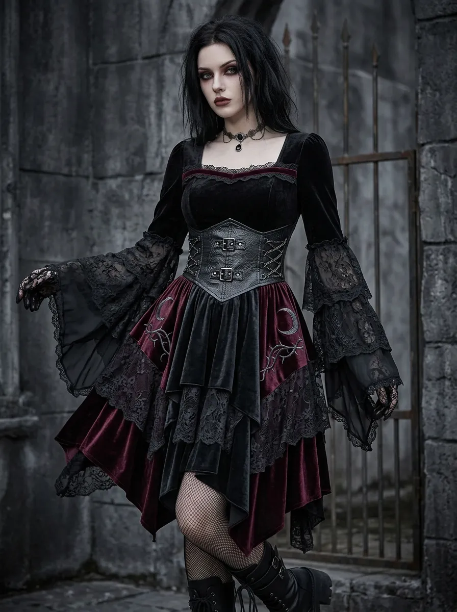 Women's Gothic Moon Thorn Embroidered Velvet Printed Mini Dress