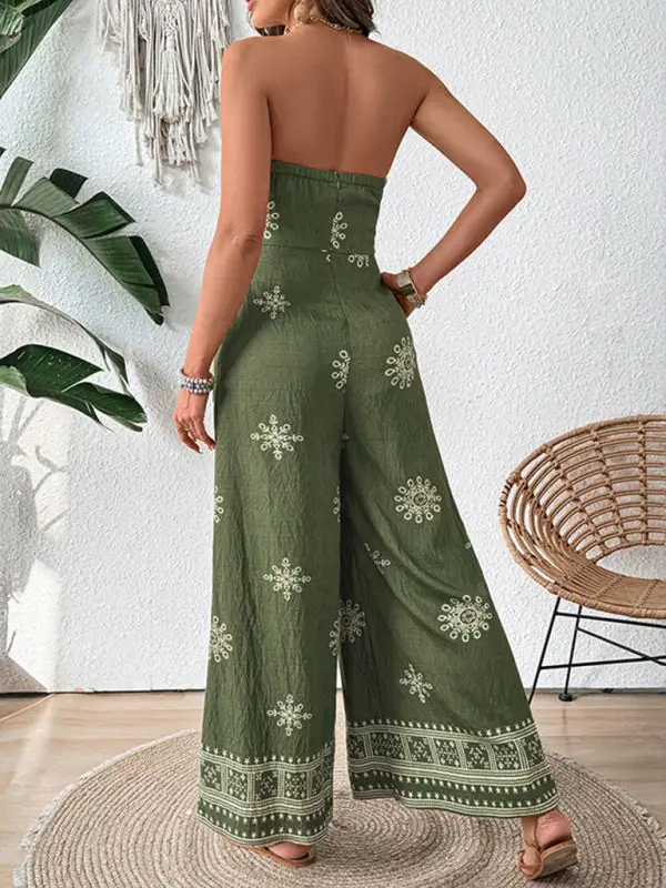 Strapless Snowflake Print Wide Leg Jumpsuit