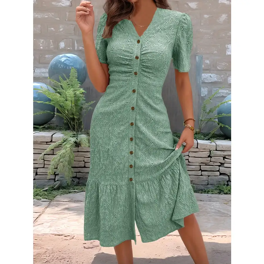 Eyelet Button Front V-Neck Midi Dress