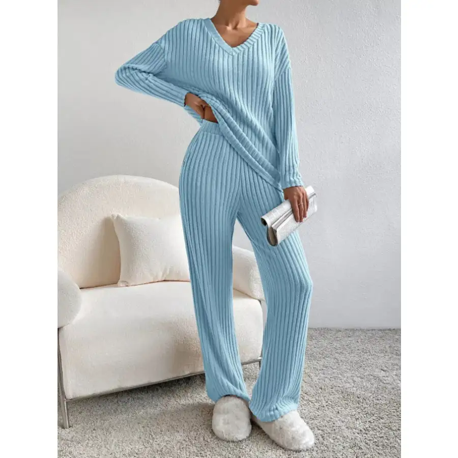 Classic Ribbed Knit Long Sleeve Top and Pants Set