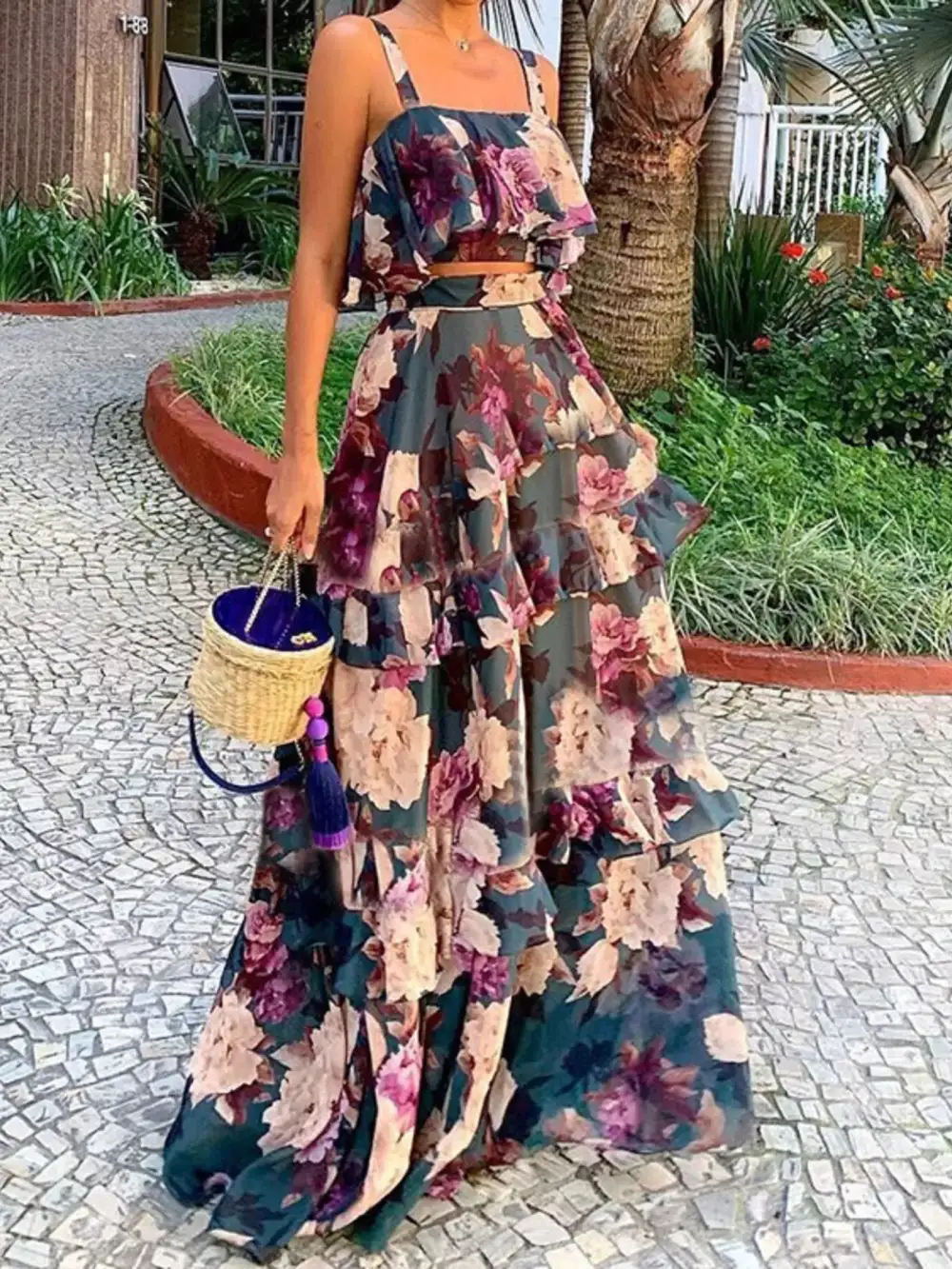 Floral Print Ruffle Cami and Skirt Set