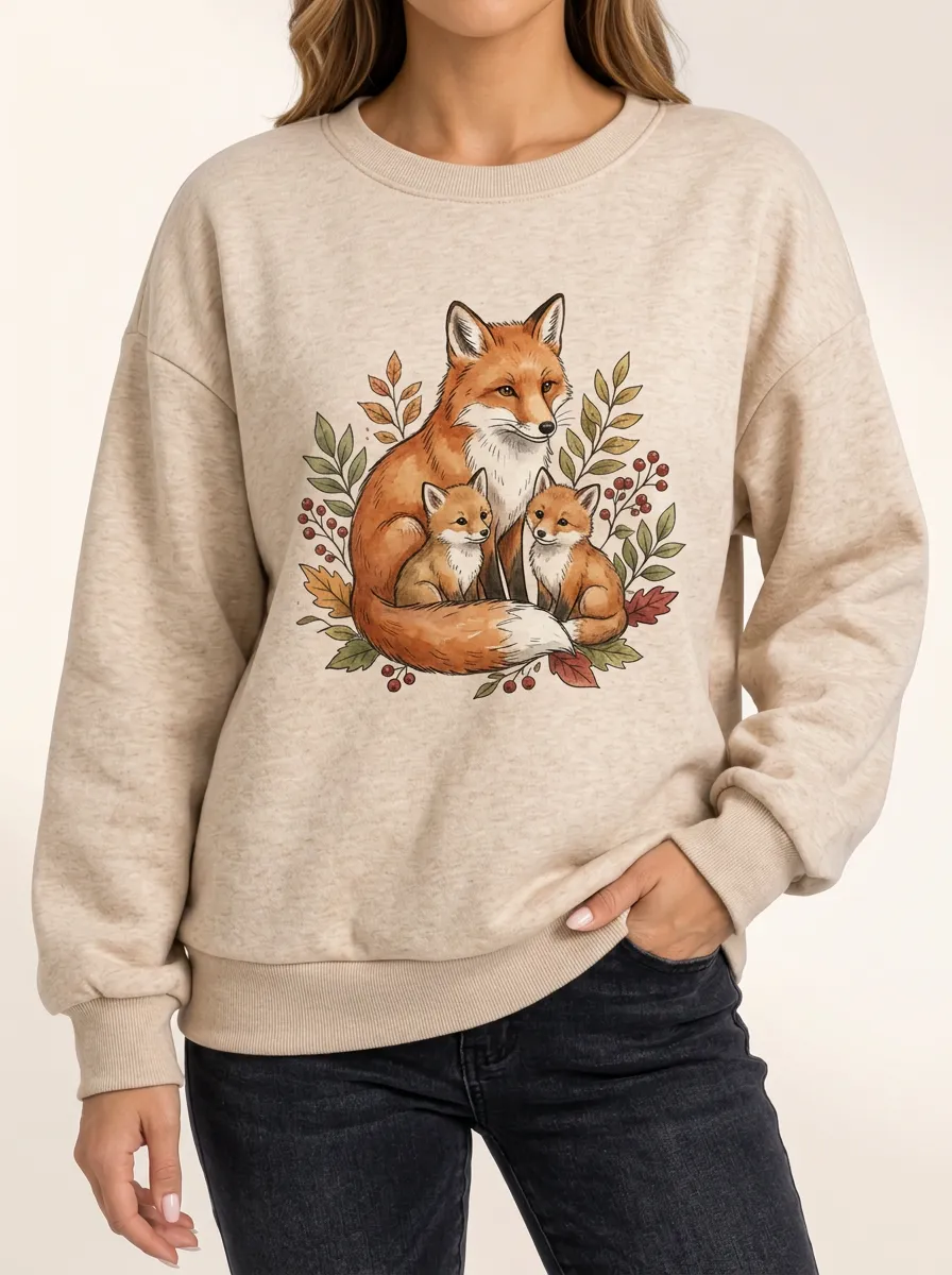 Women's Leaves Themed Printed Crewneck
