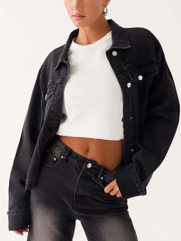 Button-Down Cropped Oversized Denim Jacket