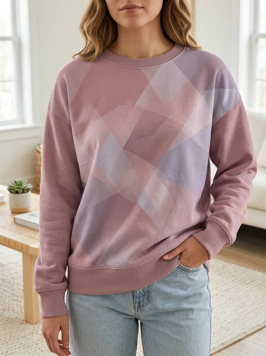 Women's Geometric Pattern Mauve Printed Fleece Sweatshirt