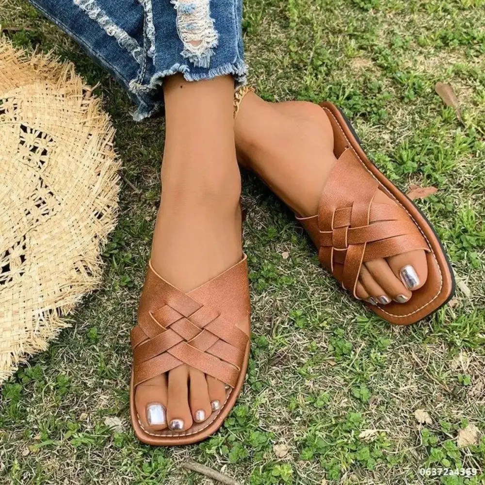 Woven Cross-Strap Flat Sandals