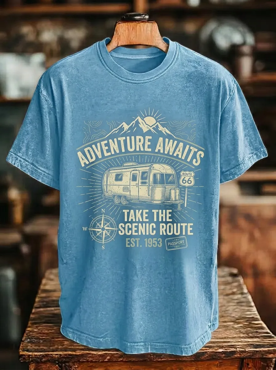 Unisex Adventure Camper Route 66 Mountain Compass Printed T-shirt