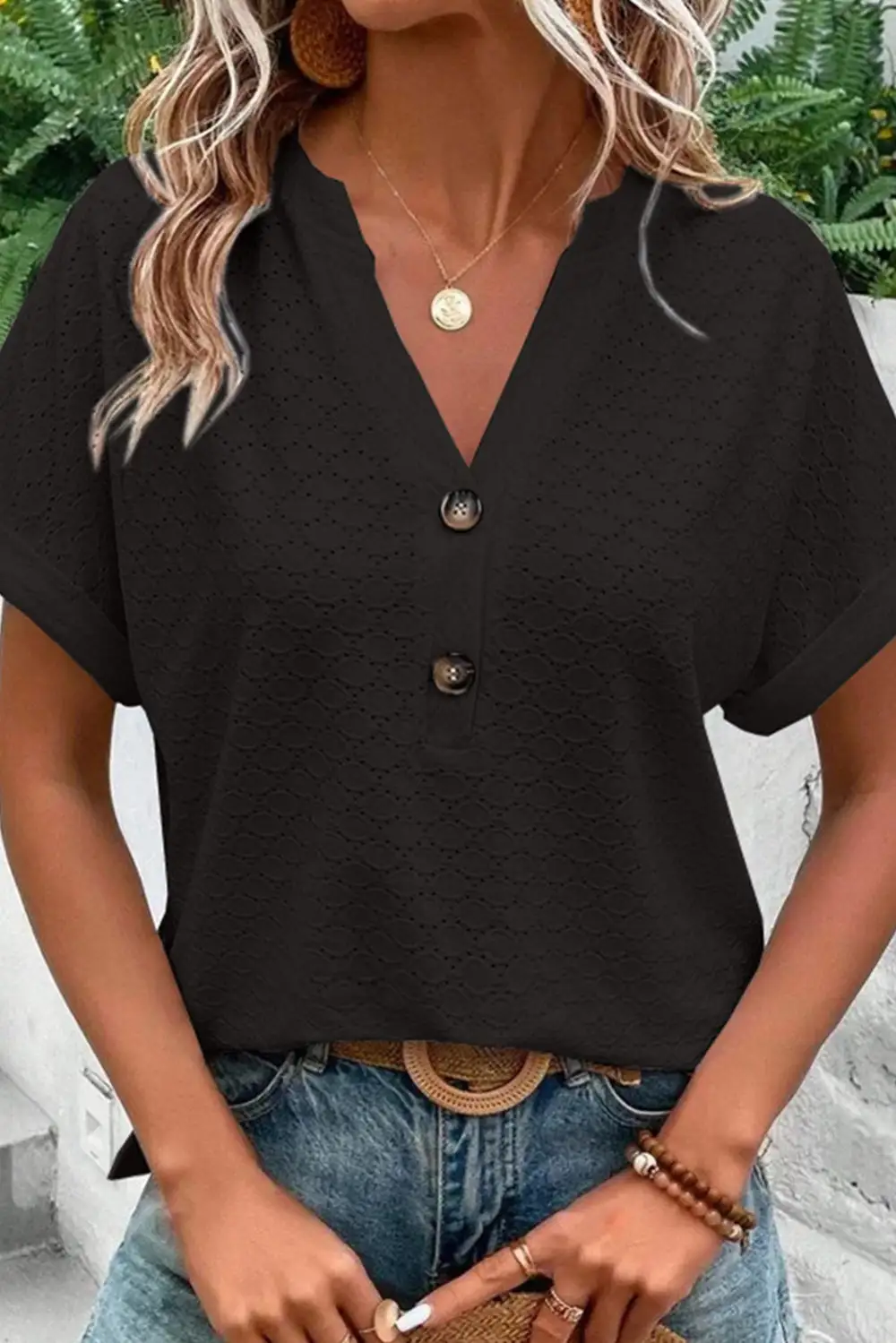 Black Eyelet Button-Accent Notch Neck