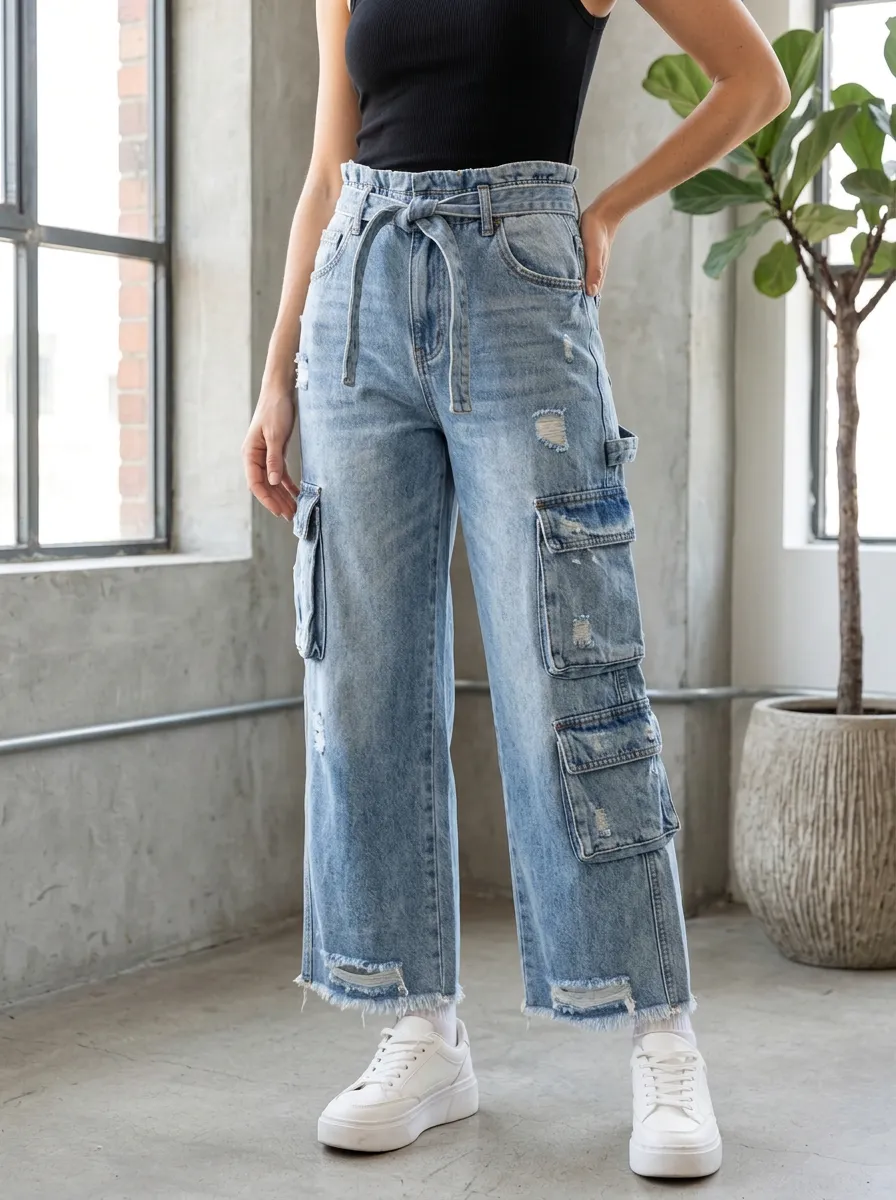 Women's High-Waisted Distressed Cargo Tie-Waist Denim Pants