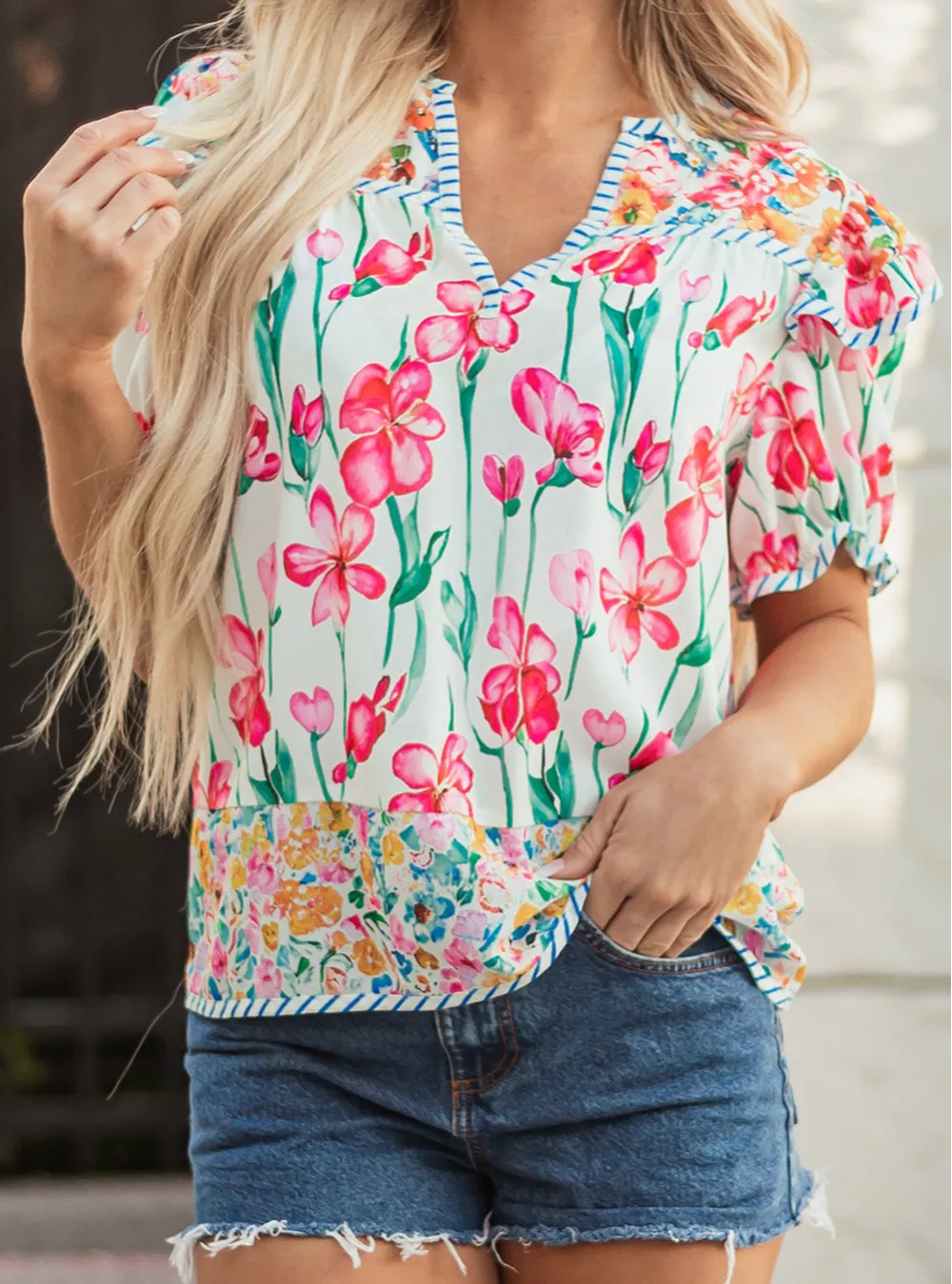 Softly Styled Striped Floral Short Sleeve Blouse