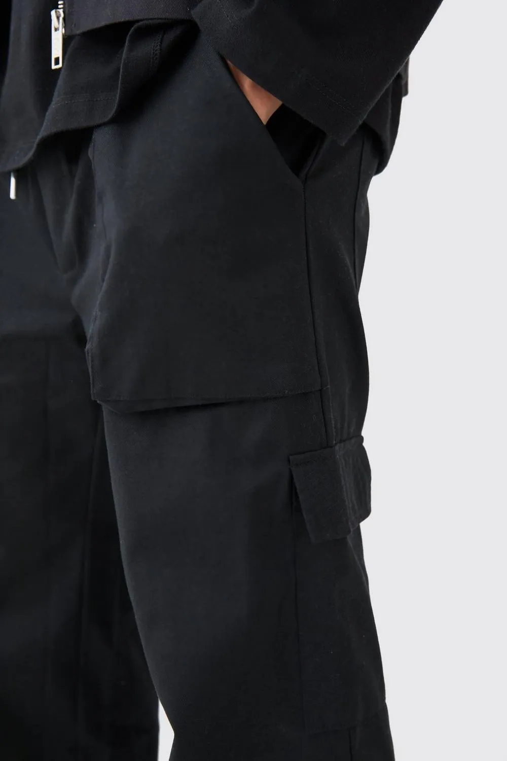 Elasticated Waist Zip Hem Flared Cargo Pants Black
