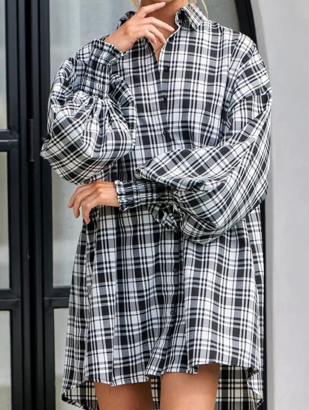 Plaid Lantern Sleeve Shirt