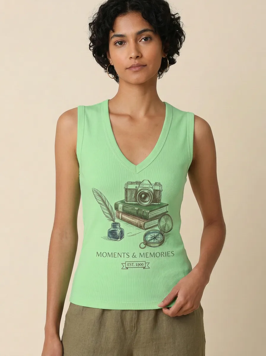 Women's Vintage Traveler Camera Books Printed V-neck Tank Top