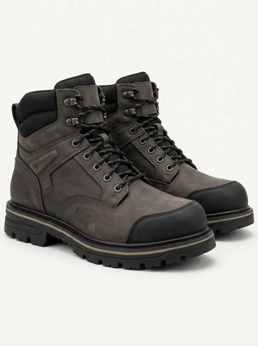 Men's Grey Work Boots with Leather and Printed Detail