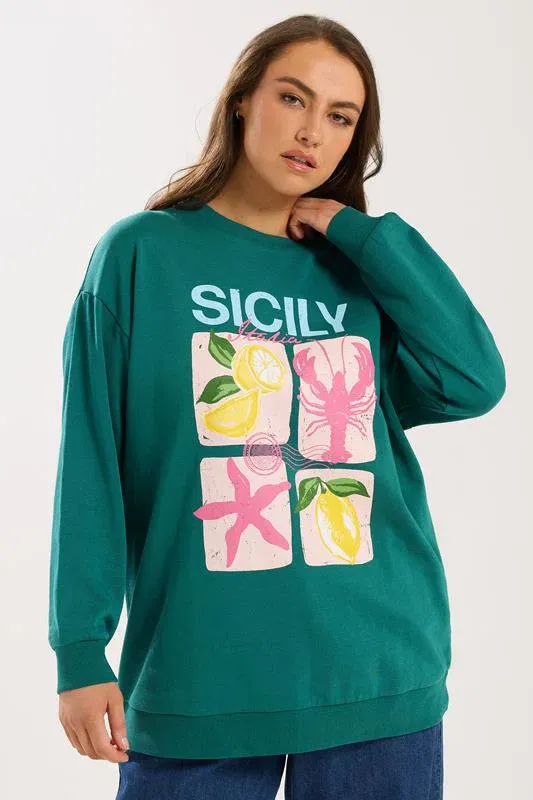 Teal Green 'Sicily' Slogan Sweatshirt