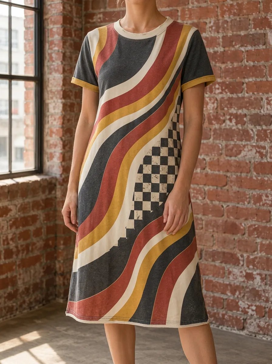 Women's Graphic Print Crew Neck Midi Dress