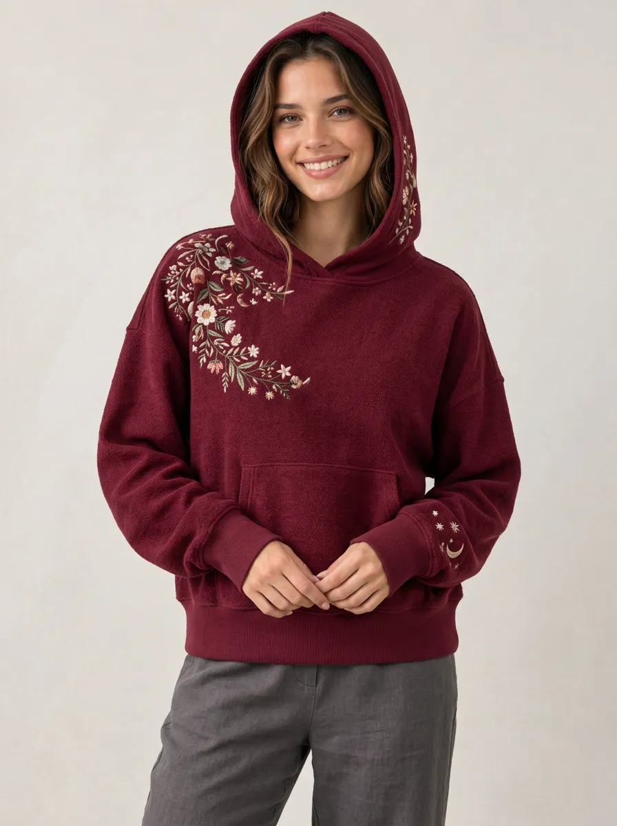 Women's Relaxed Floral Celestial Moon Embroidered Graphic Hoodie